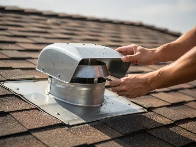 Mead Valley Dryer Vent Cleaning certified technician safely cleaning a roof-mounted dryer vent in Mead Valley