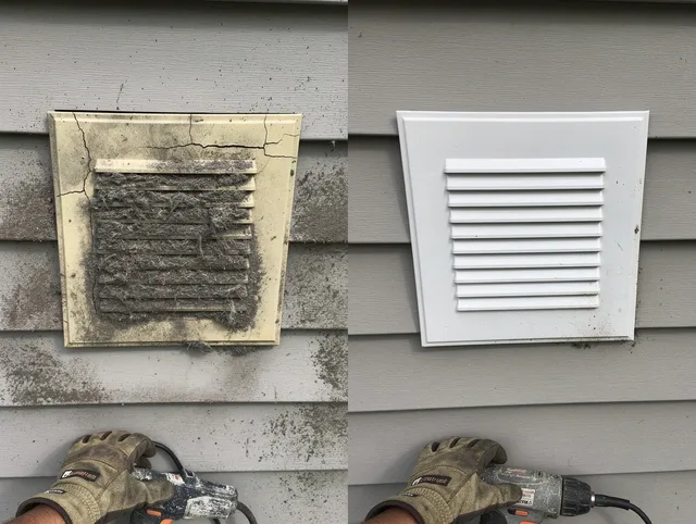 Mead Valley Dryer Vent Cleaning technician installing high-quality dryer vent cover at a residential property in Mead Valley