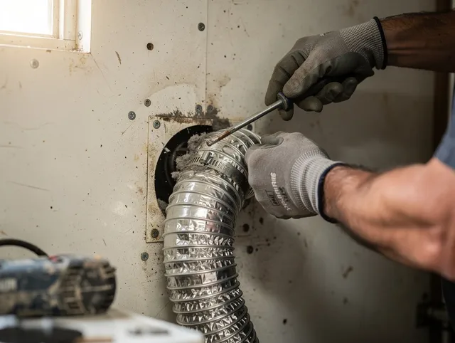 Mead Valley Dryer Vent Cleaning technician performing precise dryer vent hose installation in Mead Valley